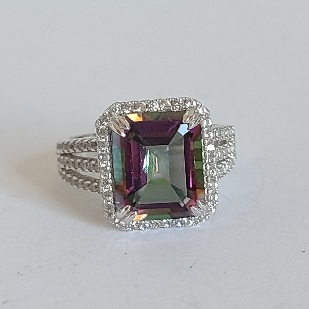 Boho Sterling Silver Emerald Cut Mystic Topaz Halo Split Shank Cocktail Ring